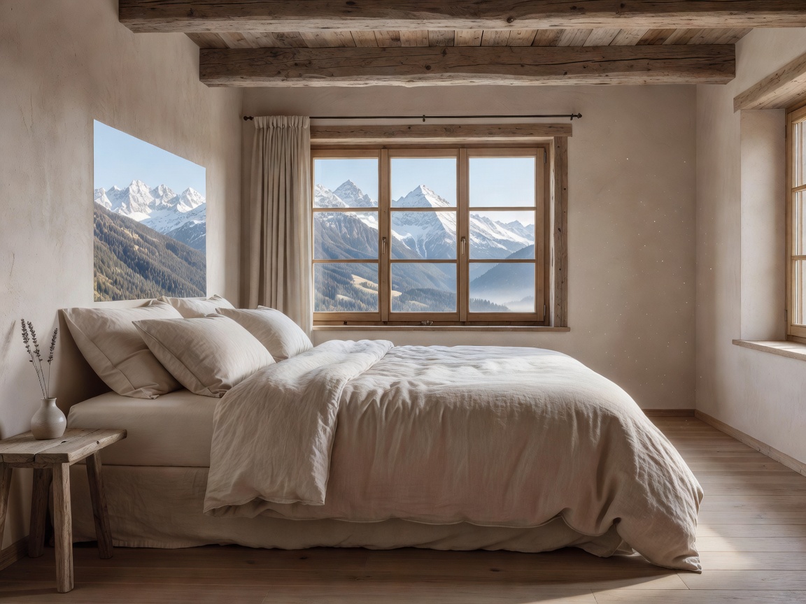 Calm natural sleeping space in an Alpine room with premium bedding