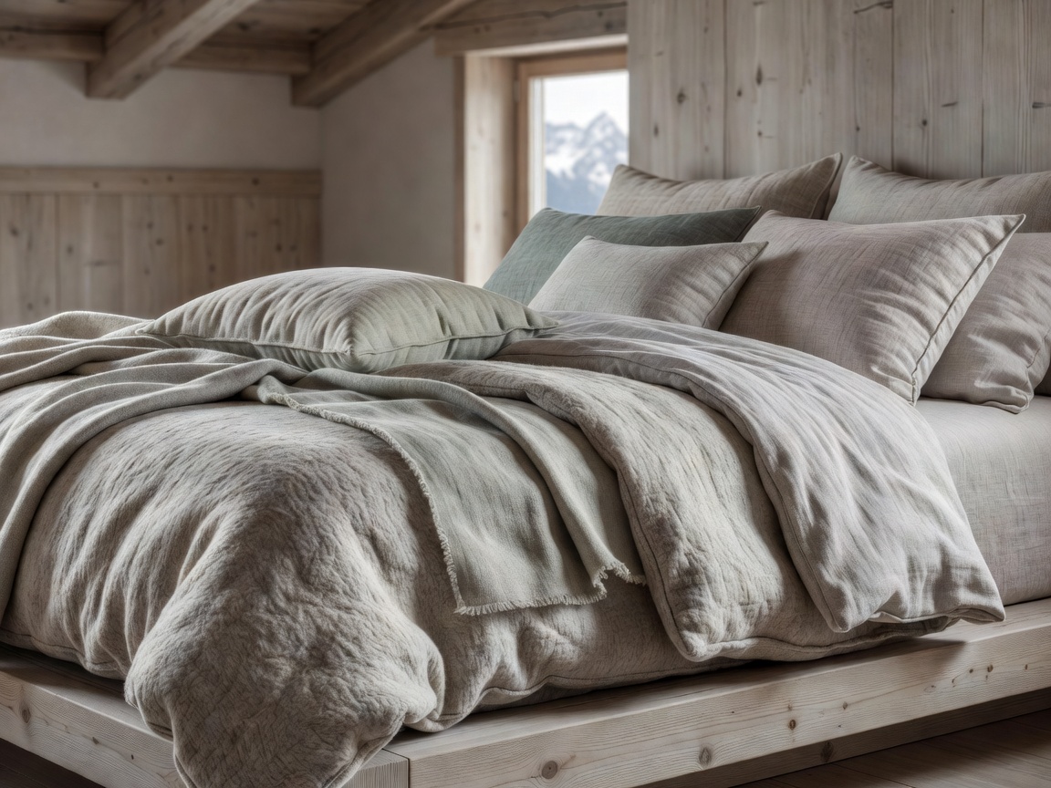 Photorealistic close-up of premium natural bedding, wool textures, linen cushions and soft layered textiles in a contemporary Alpine bedroom