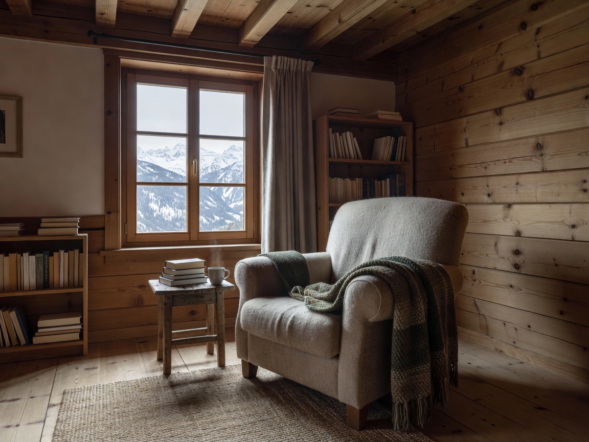 Comfortable reading corner with armchair by the window in an Alpine room
