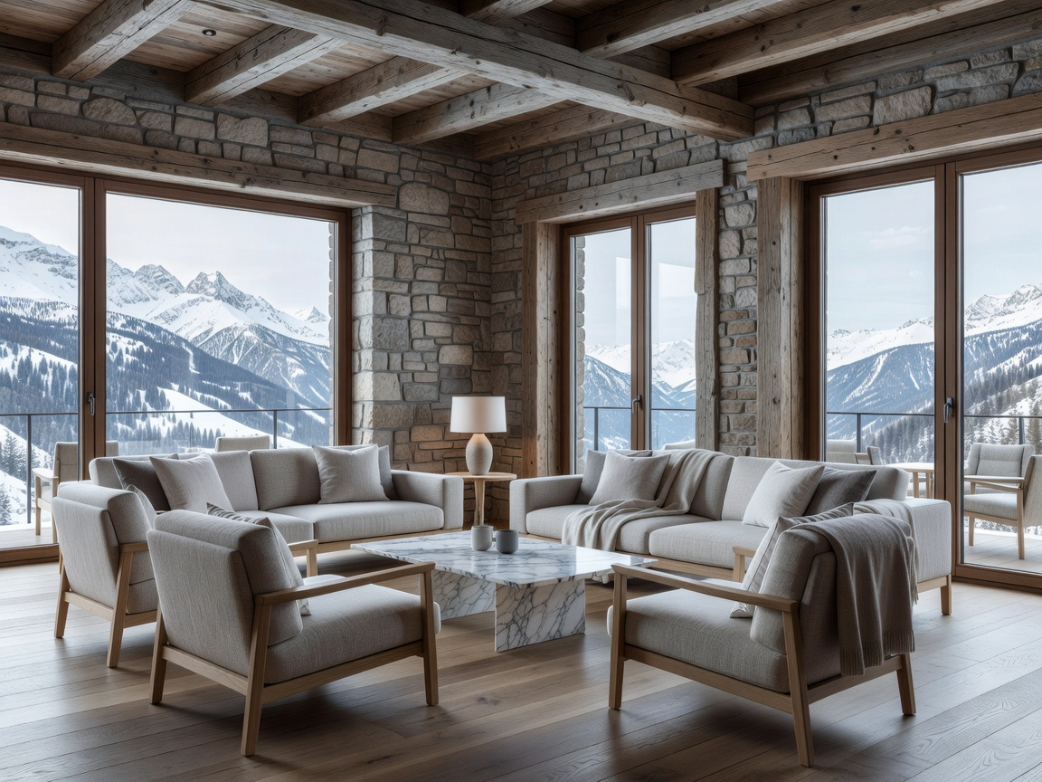 Realistic contemporary Alpine hotel interior featuring timber, natural stone, linen textures and modern Swiss furniture