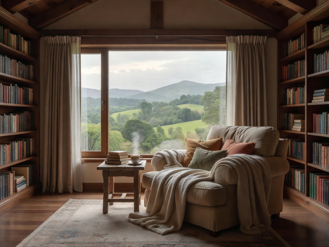 Cozy reading corner positioned directly by the large window in a Panorama Room