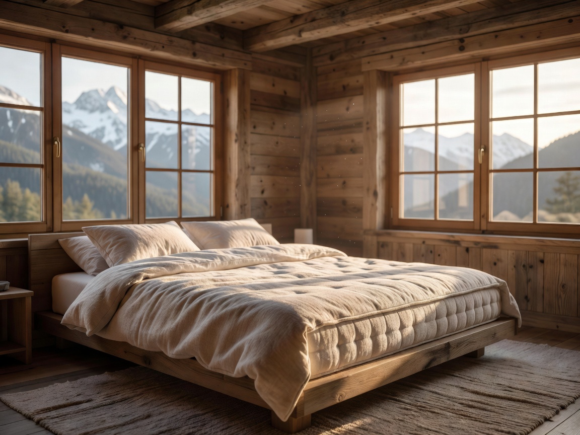 A calm natural sleeping space featuring a premium organic mattress and soft, welcoming Alpine lighting