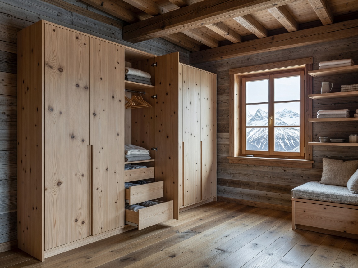 Practical custom wooden wardrobes providing guest storage in a modern Alpine room