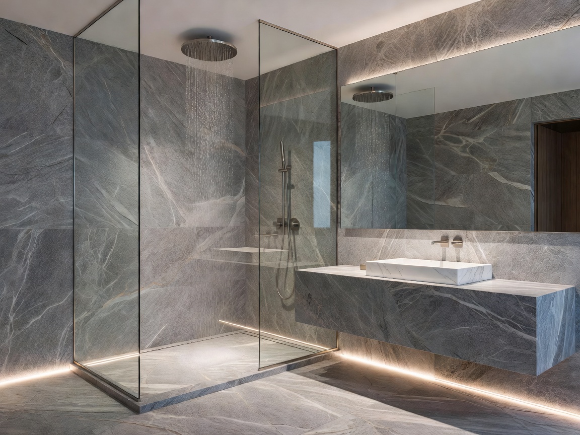 A refined natural stone bathroom equipped with a walk-in rainfall shower