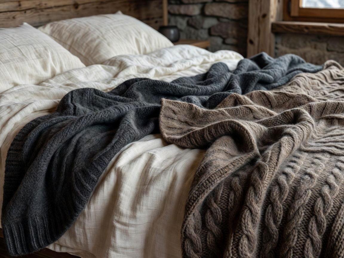 Close up view of soft Alpine textures including breathable linen sheets and thick wool blankets