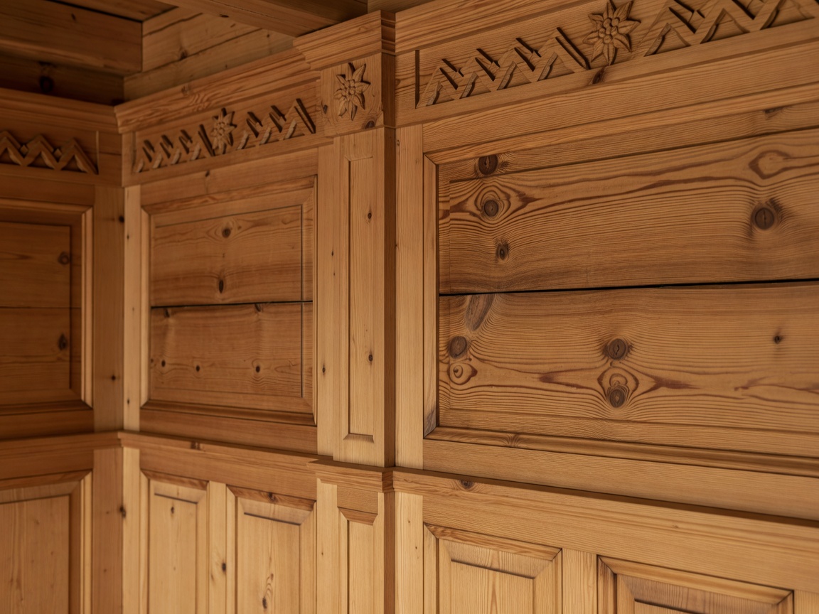 Detail of warm timber and wood panelling on the walls of an Alpine room