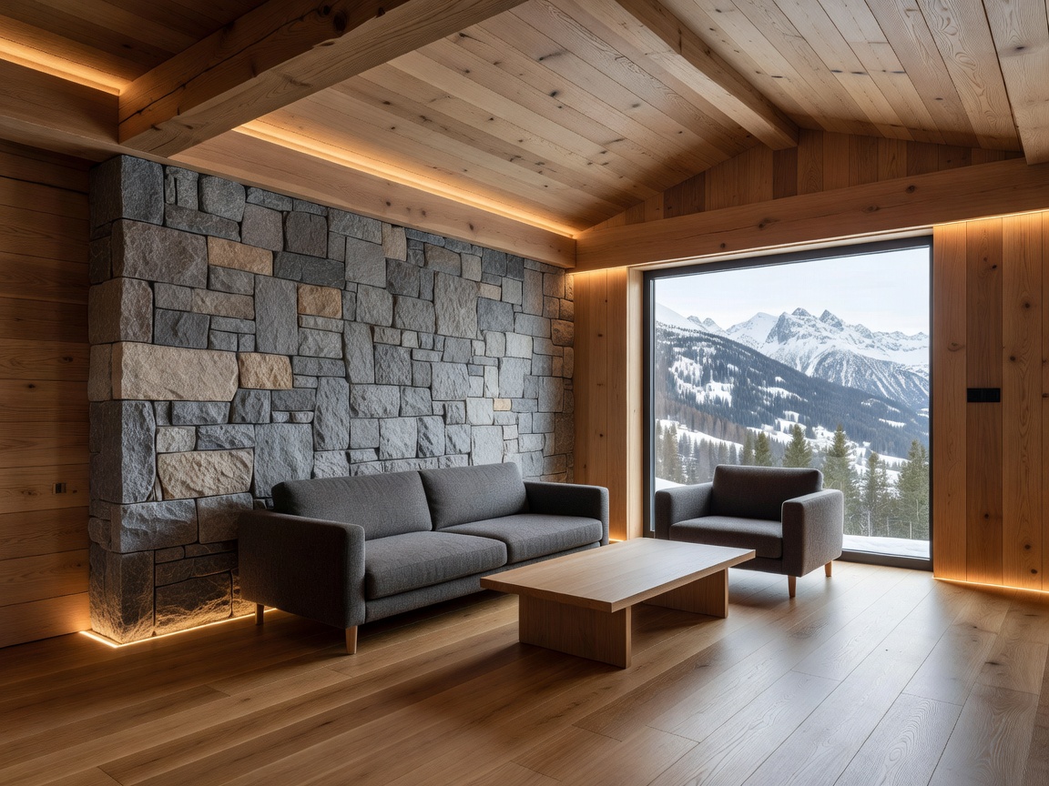 Contemporary Alpine-inspired interior design combining warm timber, stone, and clean modern lines
