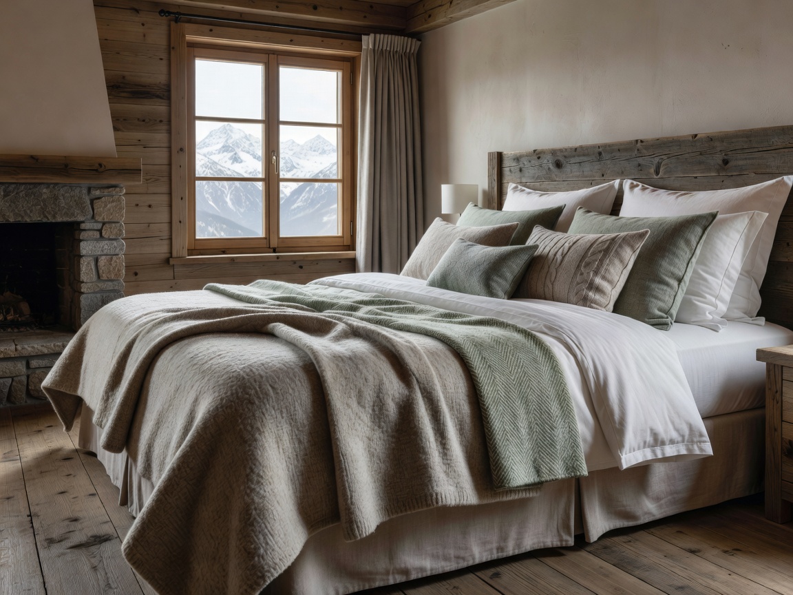 Layered premium textiles including tactile wool throws and crisp linens on a comfortable bed