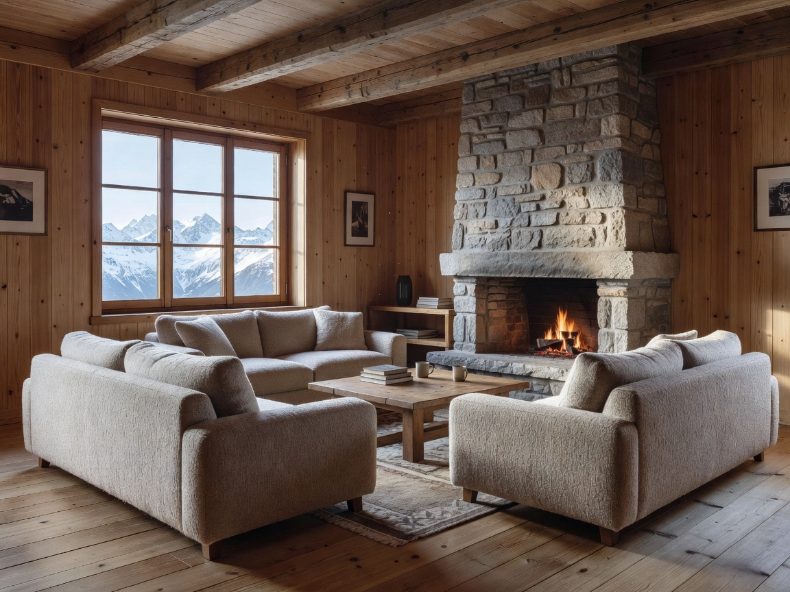 A dedicated living area in an Alpine suite featuring comfortable residential sofas and natural materials