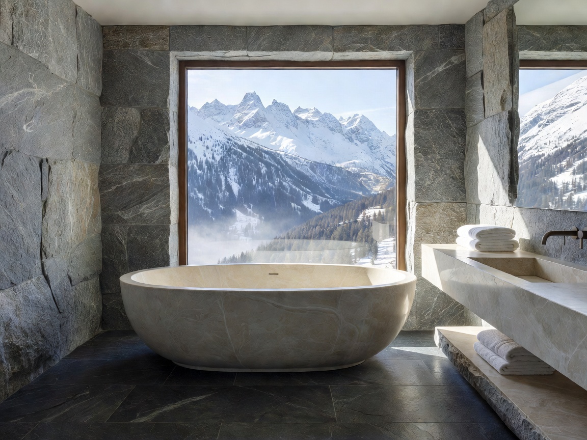 A spacious natural stone bathroom inside an Alpine suite featuring a deep soaking tub
