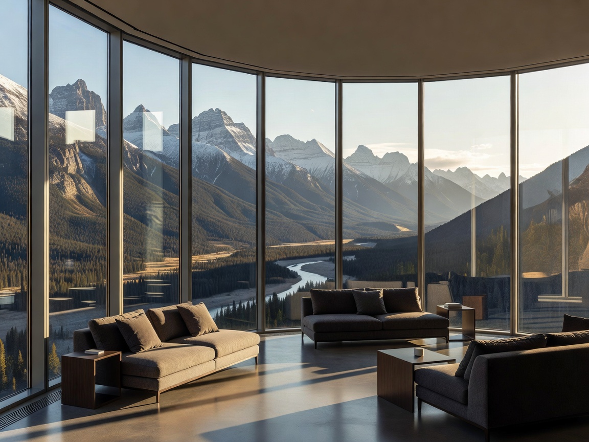 Vast panoramic wrap-around windows revealing dramatic landscape views in a Panorama Retreat