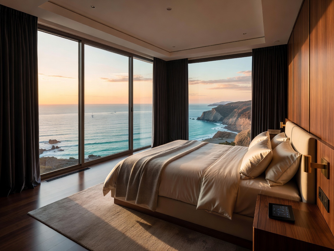 A premium luxurious bedroom oriented towards sweeping views, featuring automated environment controls