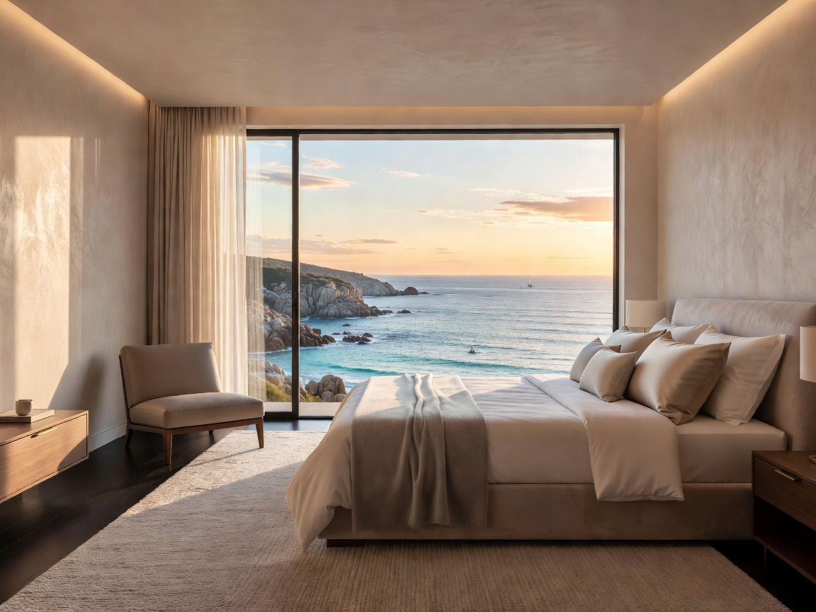 A calm luxury bedroom design with the bed oriented towards the stunning panoramic views