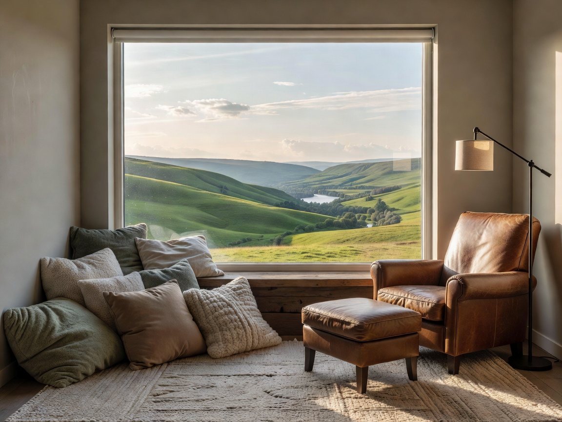 A comfortable reading corner featuring soft cushions positioned directly by a large scenic window