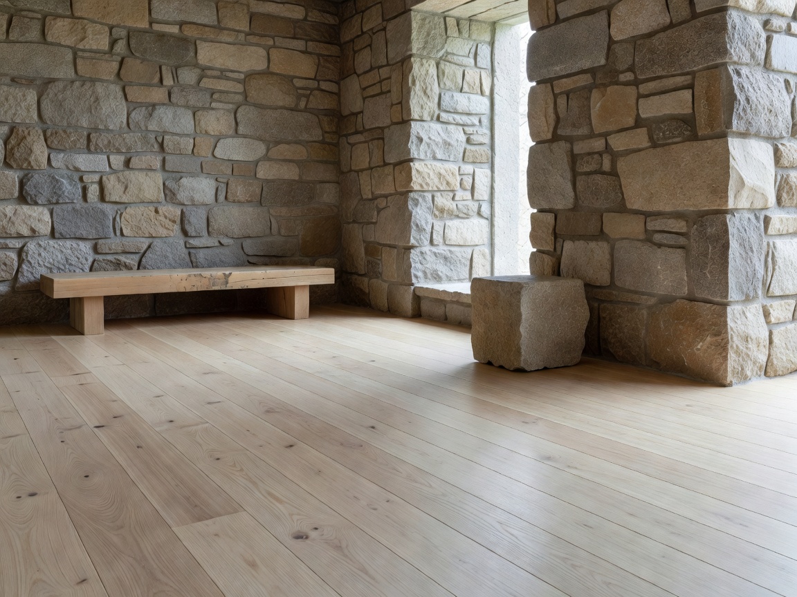 Understated natural materials showcasing light timber flooring and authentic raw stone