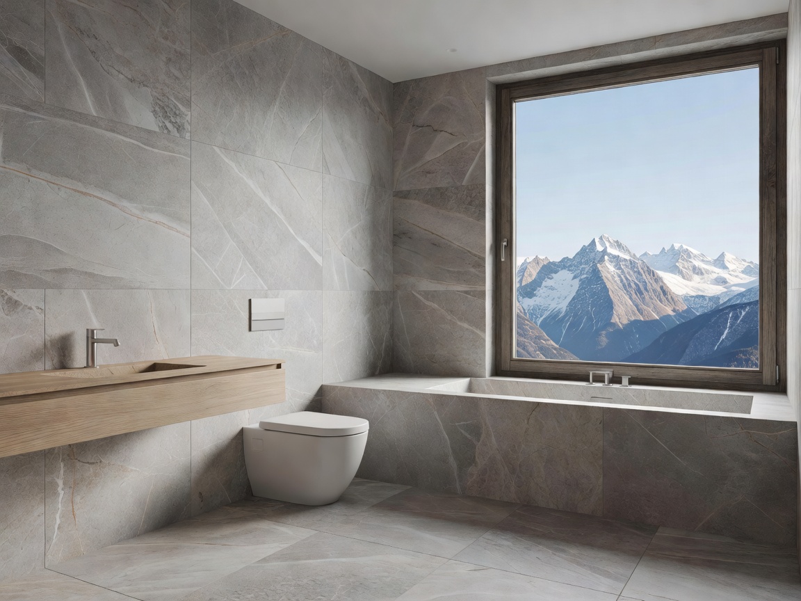 Elegant minimalist bathroom with natural stone tiles in an Alpine room