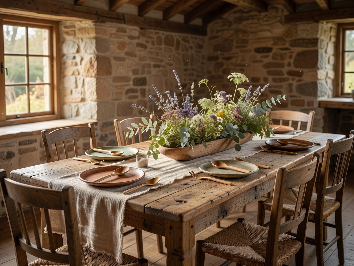 Elegant rustic dining table setup with natural materials