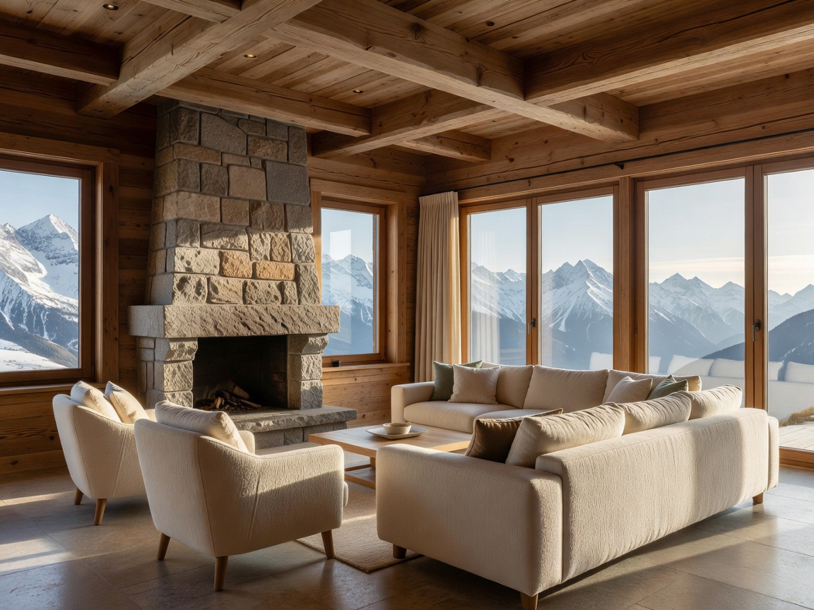 Elegant Swiss Alpine suite living room with natural timber, stone details, soft seating and large windows