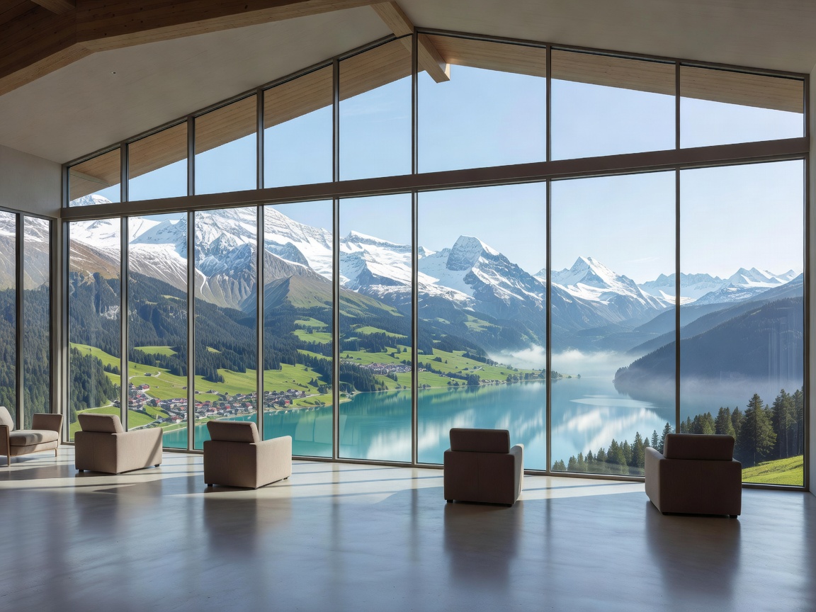 Expansive large windows in a Panorama Room revealing sweeping Swiss views