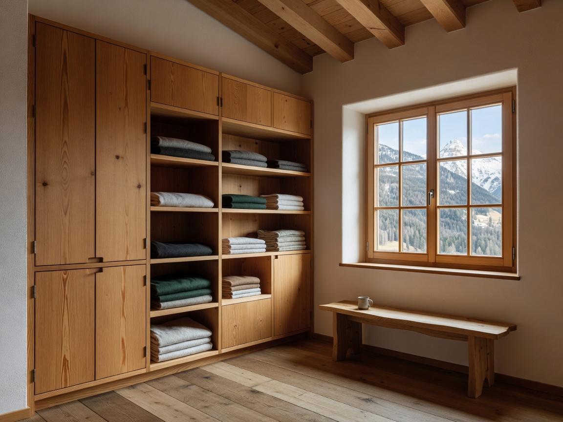 Integrated custom wooden wardrobe storage in a serene Alpine room