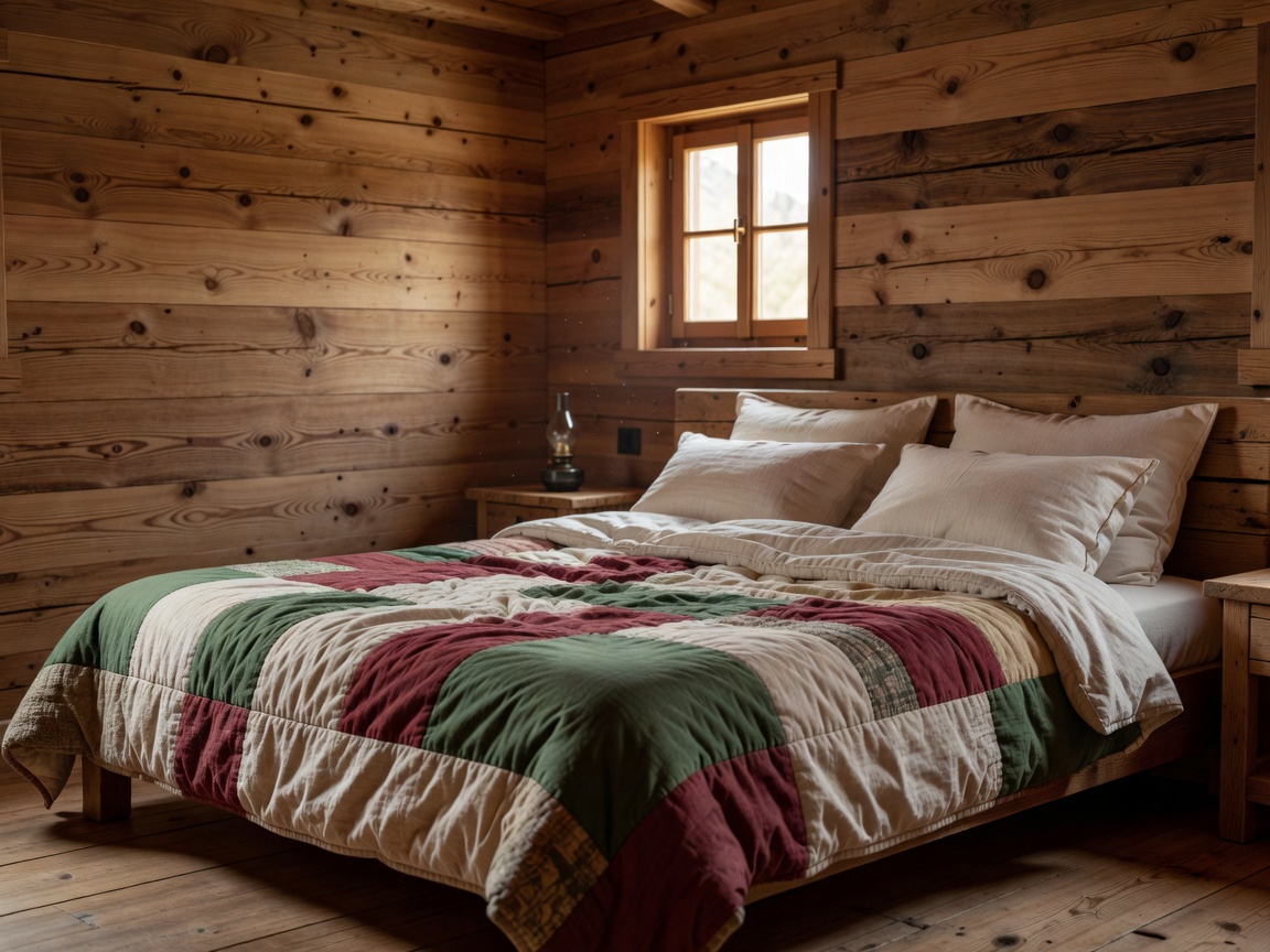 Interior view of an Alpine Room with natural timber walls and cozy bed