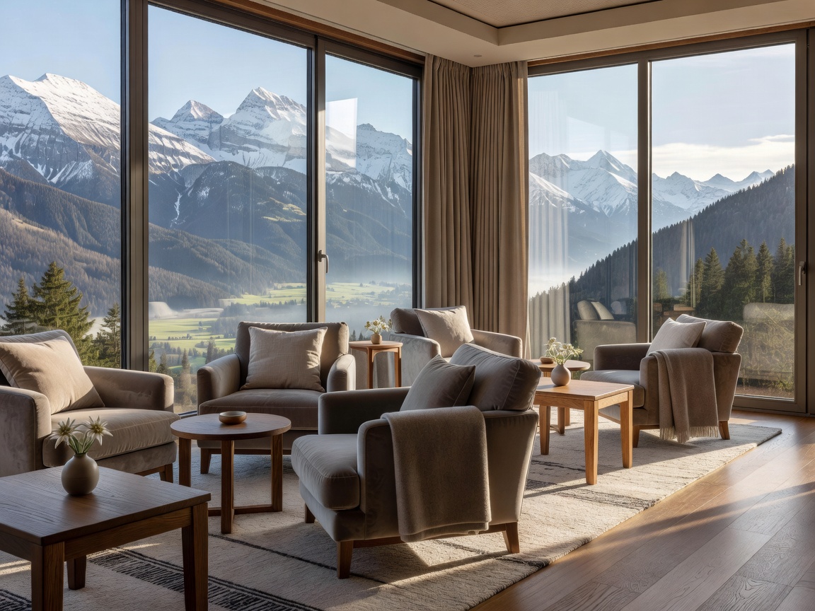 Realistic luxury Swiss hotel lounge with comfortable armchairs, natural wood, soft textiles and Alpine landscape visible through large windows