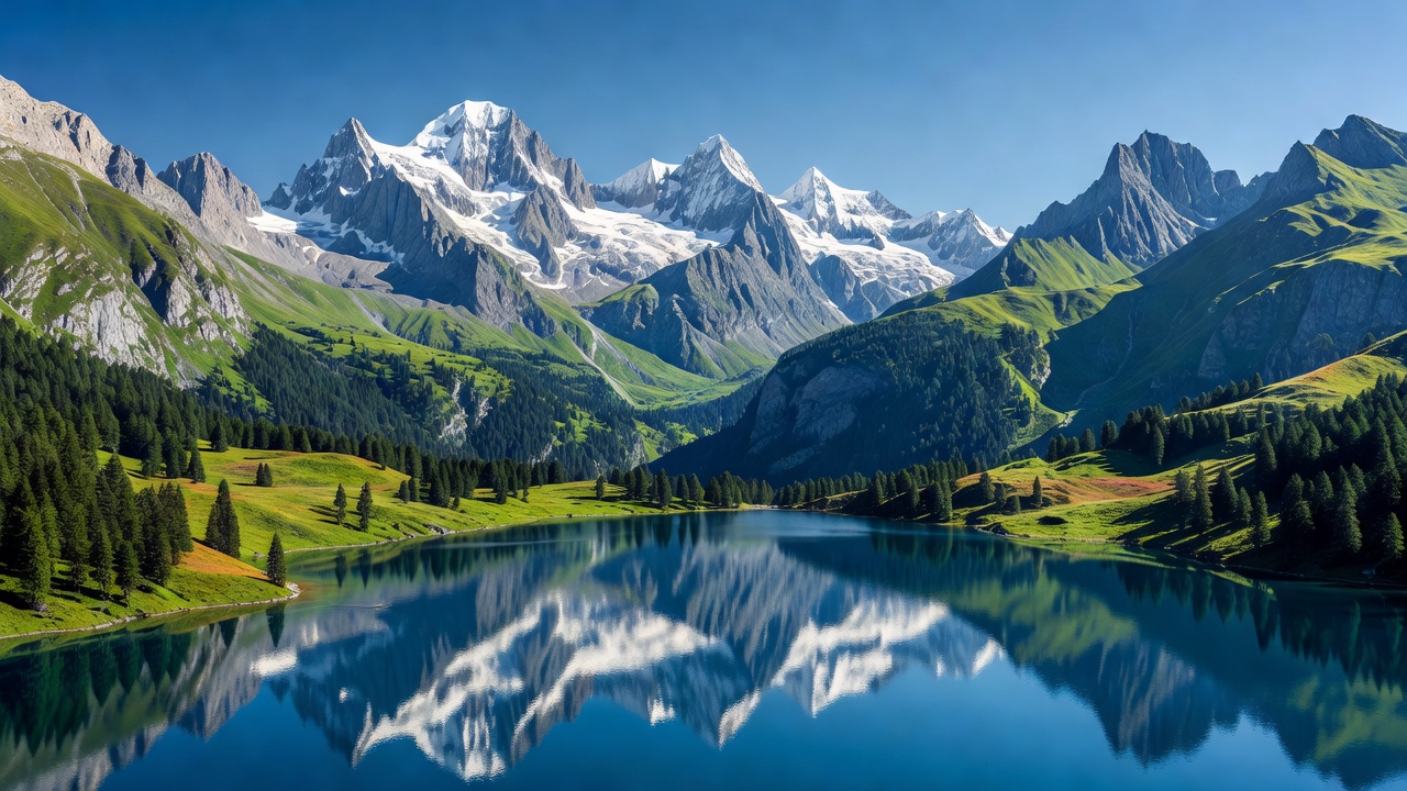 Majestic Swiss Alpine landscape with lake and mountains