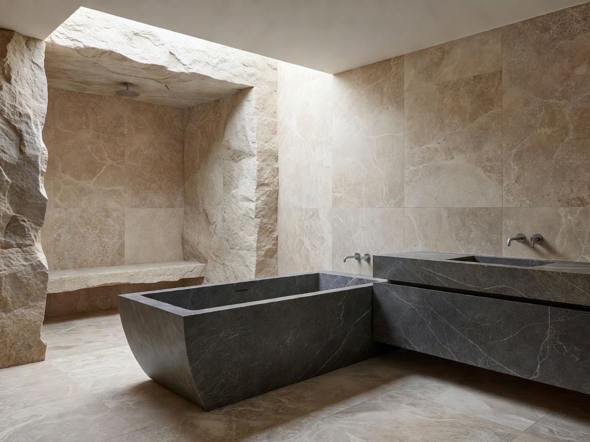 Monolithic natural stone details in a spacious retreat bathroom