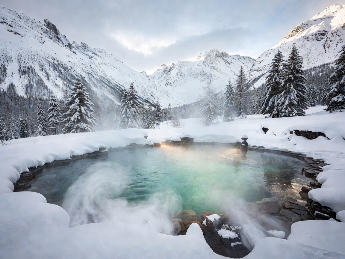 Outdoor thermal pool in snowy Alpine setting