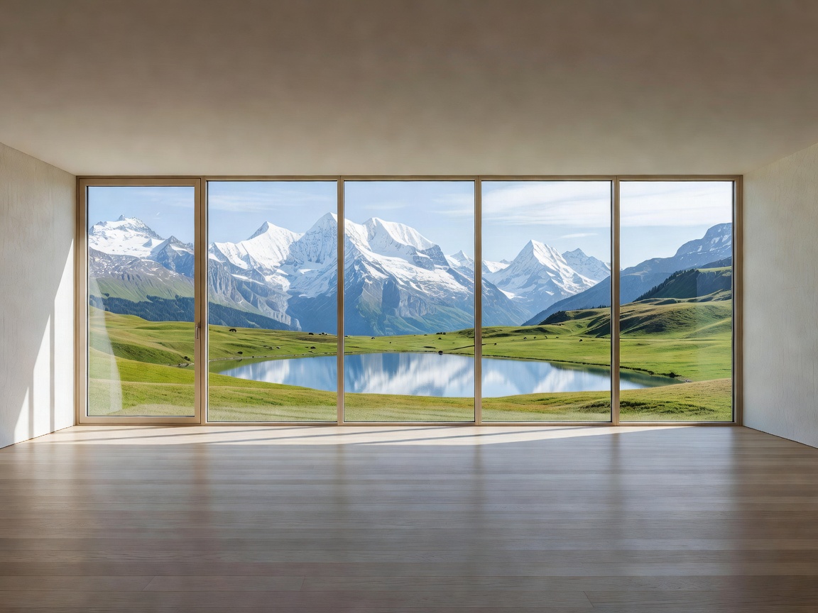 Panorama Room with large windows overlooking Swiss landscape