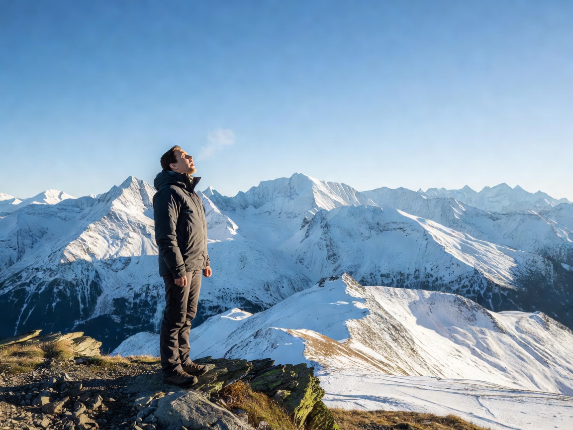 Person breathing fresh mountain air looking at Swiss Alps