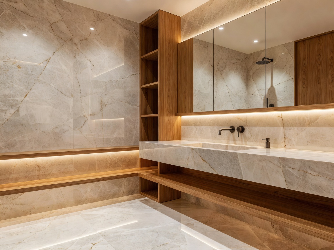 Photorealistic premium bathroom with natural stone surfaces, timber accents, modern fixtures and soft warm lighting