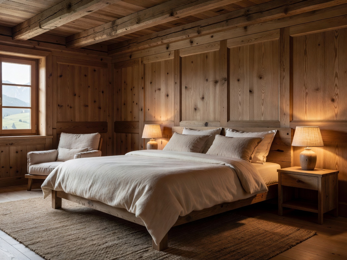 Photorealistic Swiss-style bedroom with timber details, natural textiles, warm bedside lighting and understated luxury