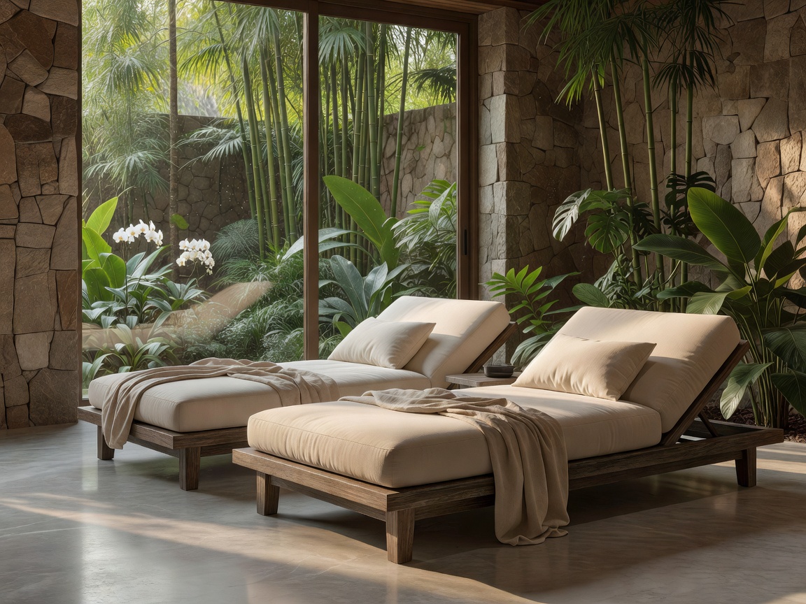 Secluded private relaxation area with comfortable loungers inside the retreat