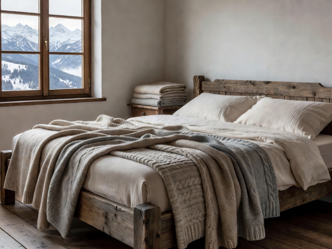 Soft Alpine textures including wool blankets and crisp linen sheets