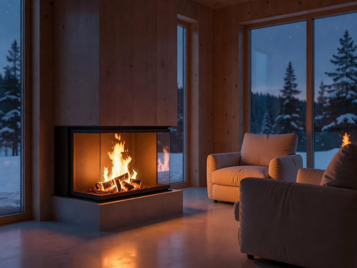 Warm fire in a contemporary chalet setting during evening