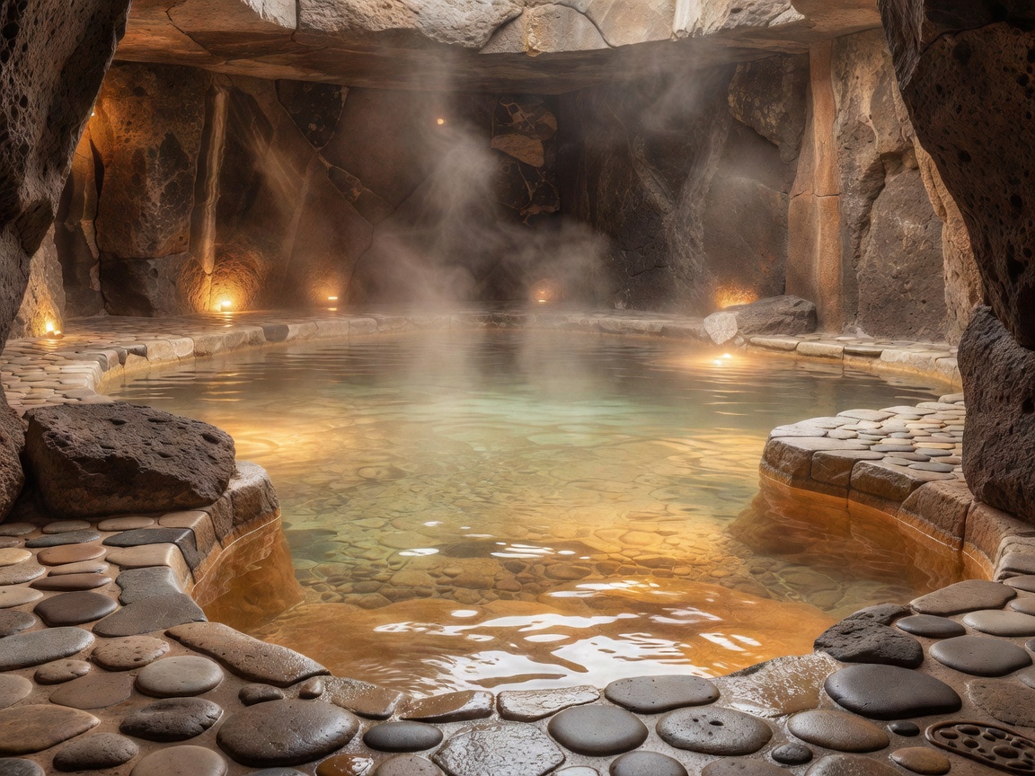 Warm thermal pool space with natural stone