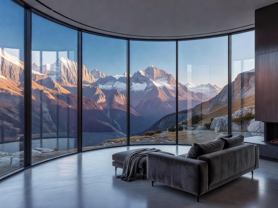 Wrap-around panoramic windows showcasing dramatic Alpine mountain views